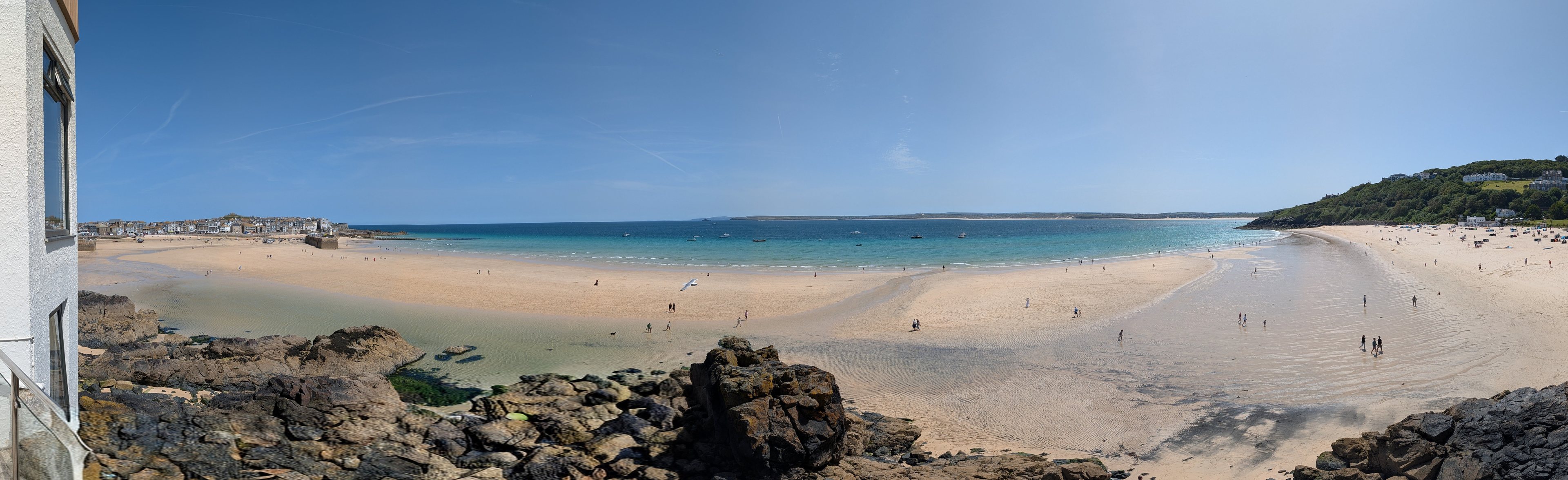 St Ives — the town, the beach and the sea, seen from Godrevy Terrace above Tate Five